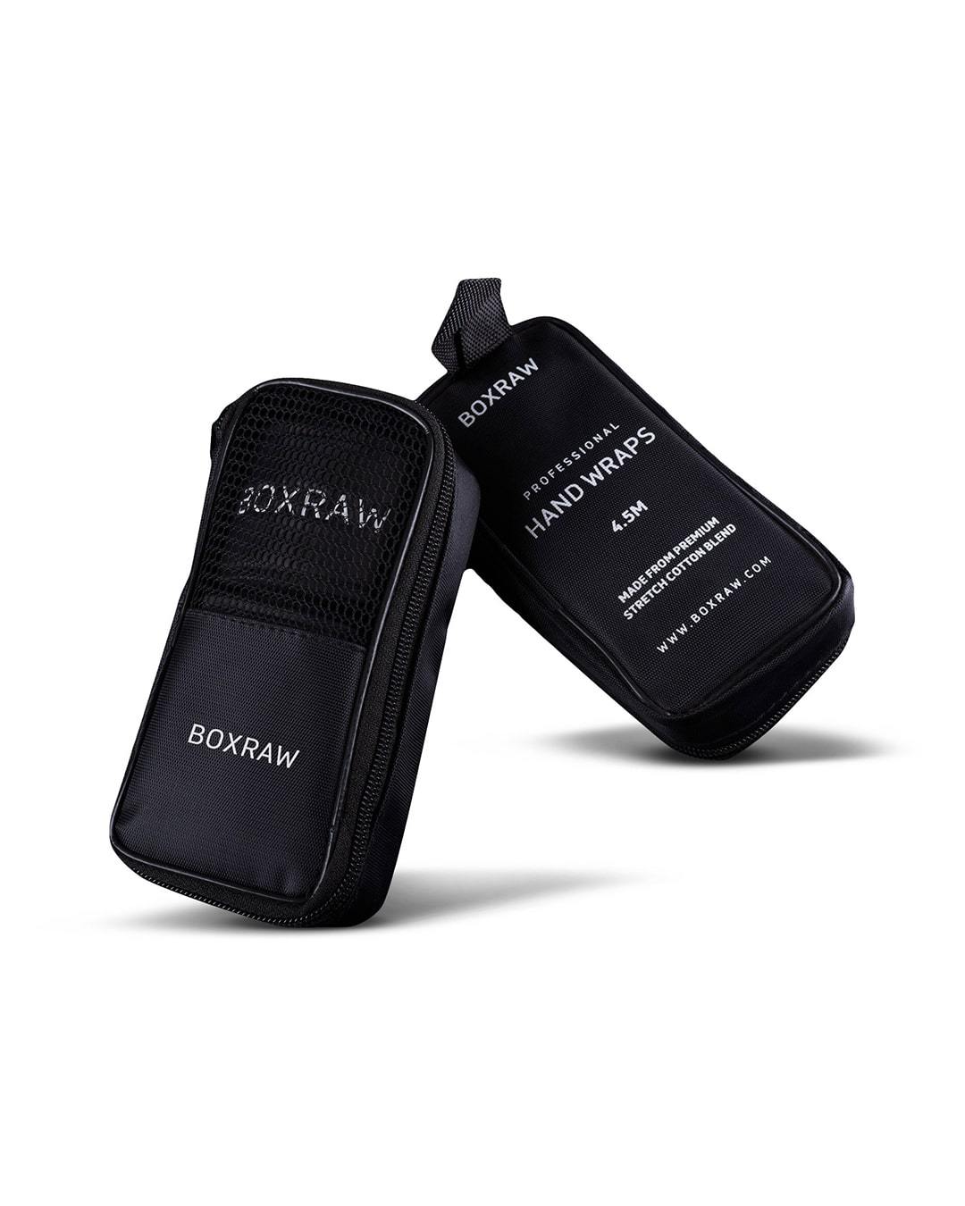 Black fabric boxing handwraps that is 4.5 metres in length with a leather velcro strap embossed with a white boxraw strike logo.
