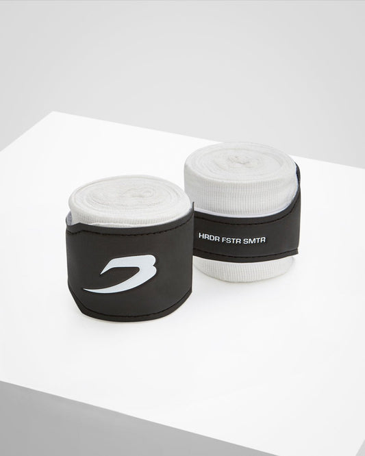 White fabric boxing handwraps that is 4.5 metres in length with a leather velcro strap embossed with a white boxraw strike logo.