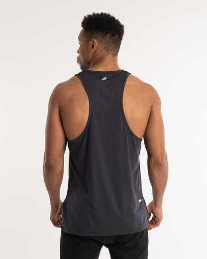 man wearing charcoal dark grey boxraw performance stringer tank top