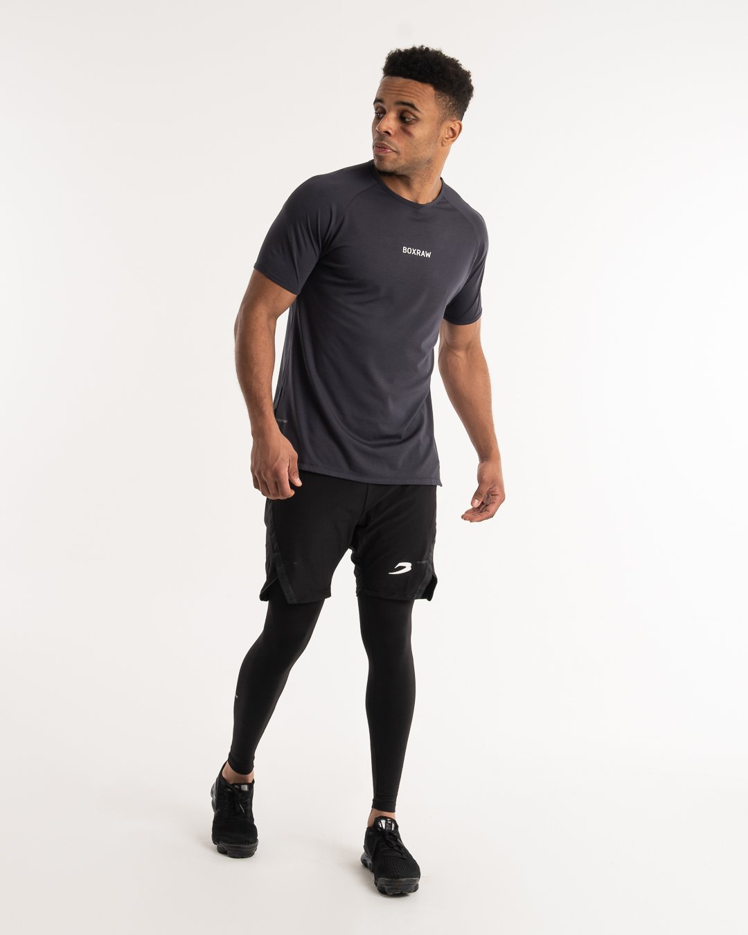man wearing charcoal dark grey boxraw performance t-shirt tank top