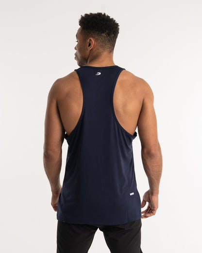 man wearing navy dark grey boxraw performance stringer tank top