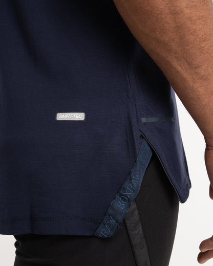 man wearing navy dark grey boxraw performance stringer tank top