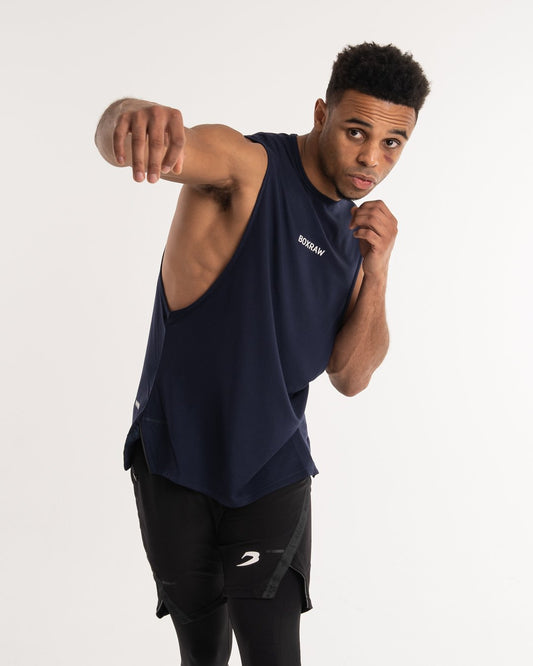 man wearing navy dark grey boxraw performance muscle fit tank top