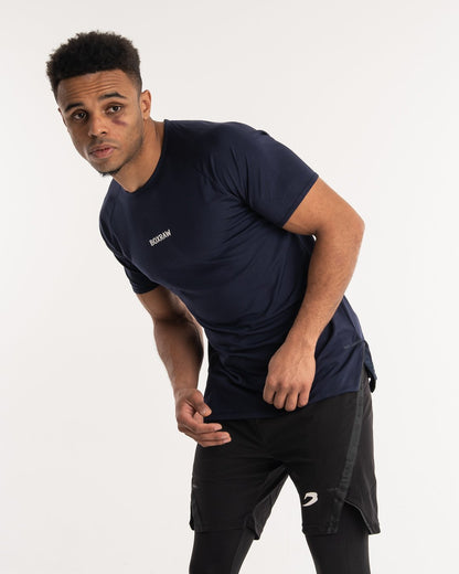 man wearing navy dark grey boxraw performance t-shirt tank top