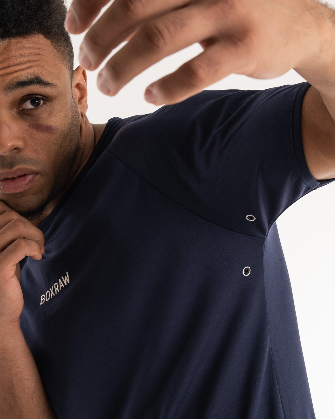 man wearing navy dark grey boxraw performance t-shirt tank top
