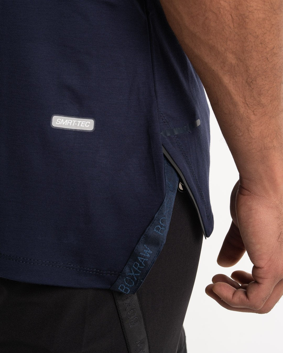 man wearing navy dark grey boxraw performance t-shirt tank top